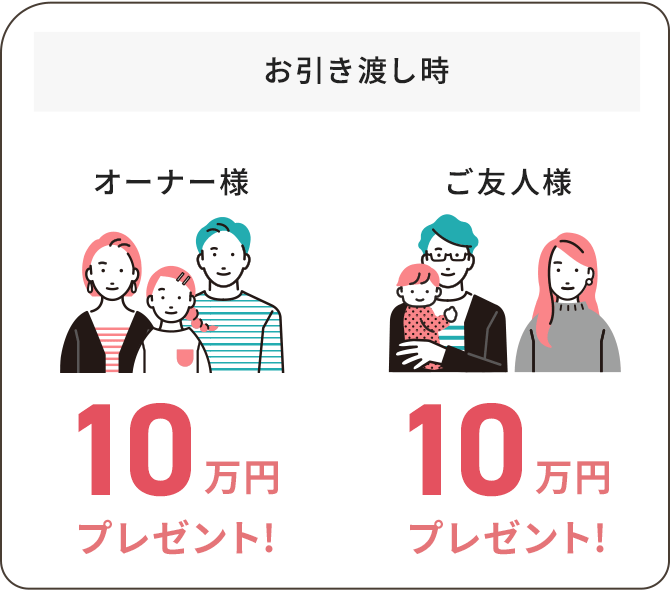 お引き渡し時 オーナー様10万円プレゼント! ご友人様10万円プレゼント!