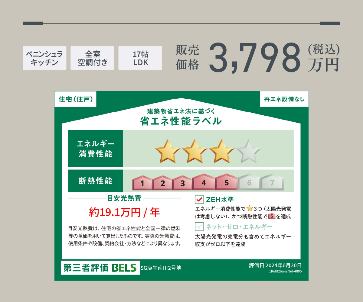 省エネ性能ラベルで断熱性能星5を達成、ZEH水準。第三者評価BELS。