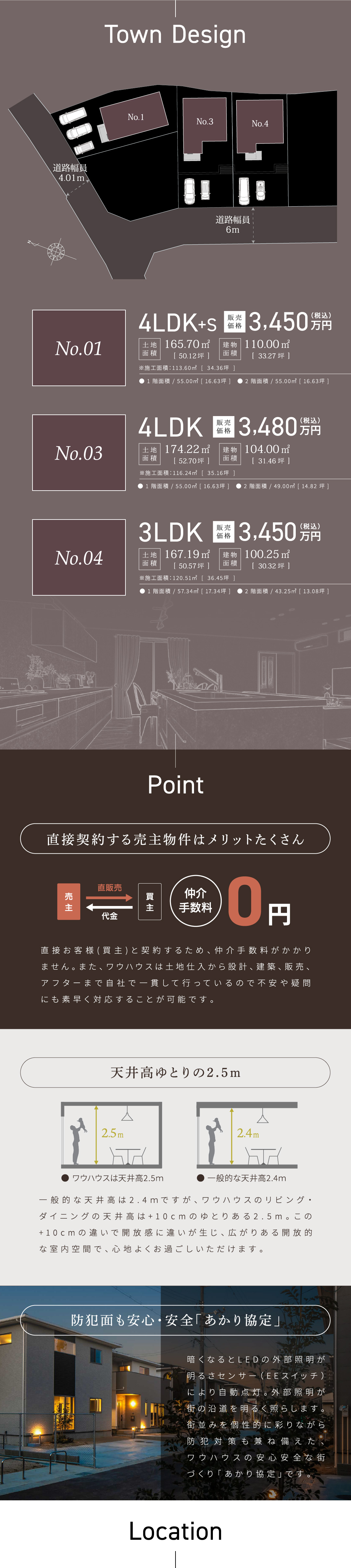 直接契約する売主物件はメリットたくさん仲介手数料無料／天井高ゆとりの2.5m／防犯面も安心・安全「あかり協定」