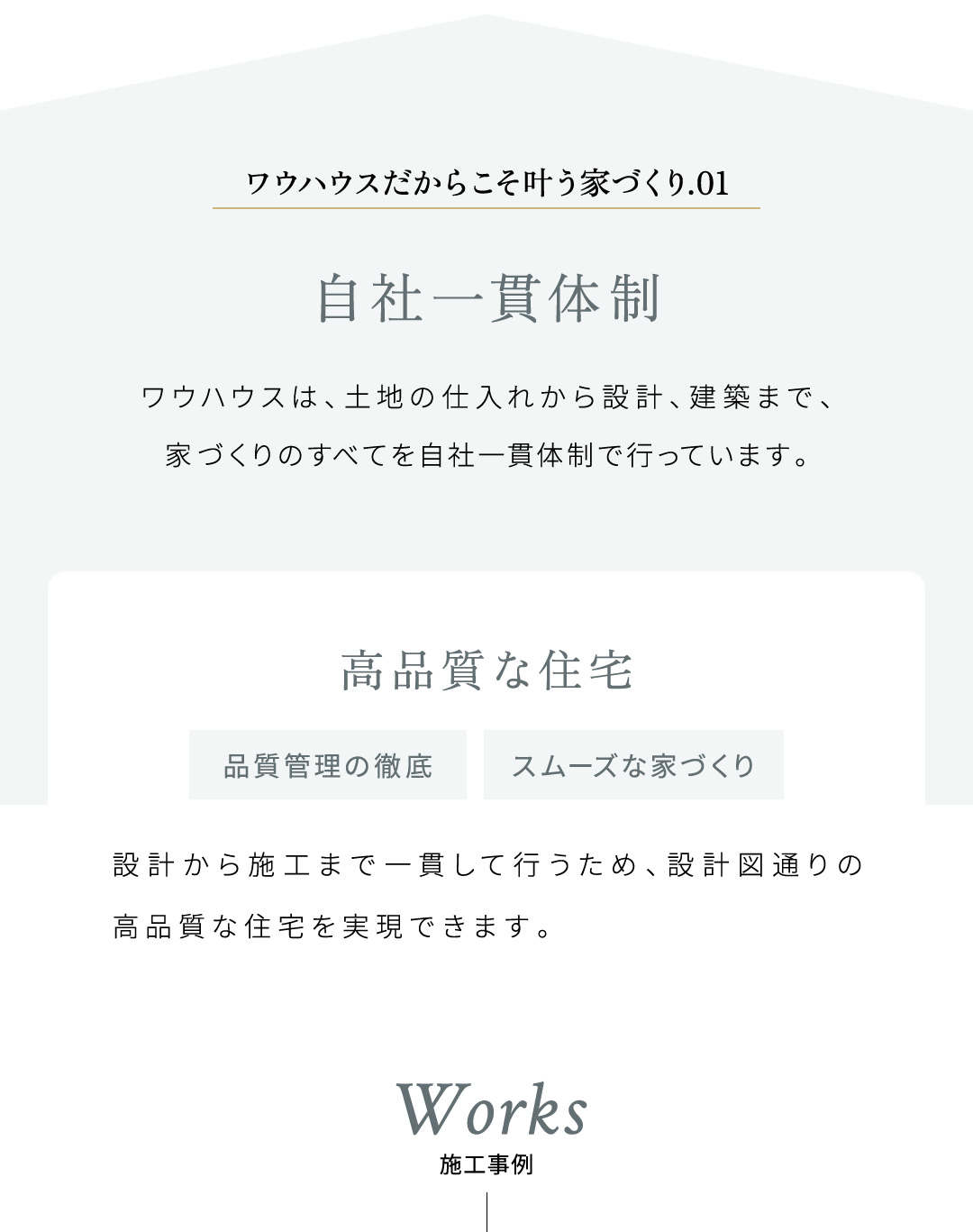 自社一貫体制ワウハウスは、土地の仕入れから設計、建築まで、家づくりのすべてを自社一貫体制で行っています。設計から施工まで一貫して行うため、設計図通りの高品質な住宅を実現できます。