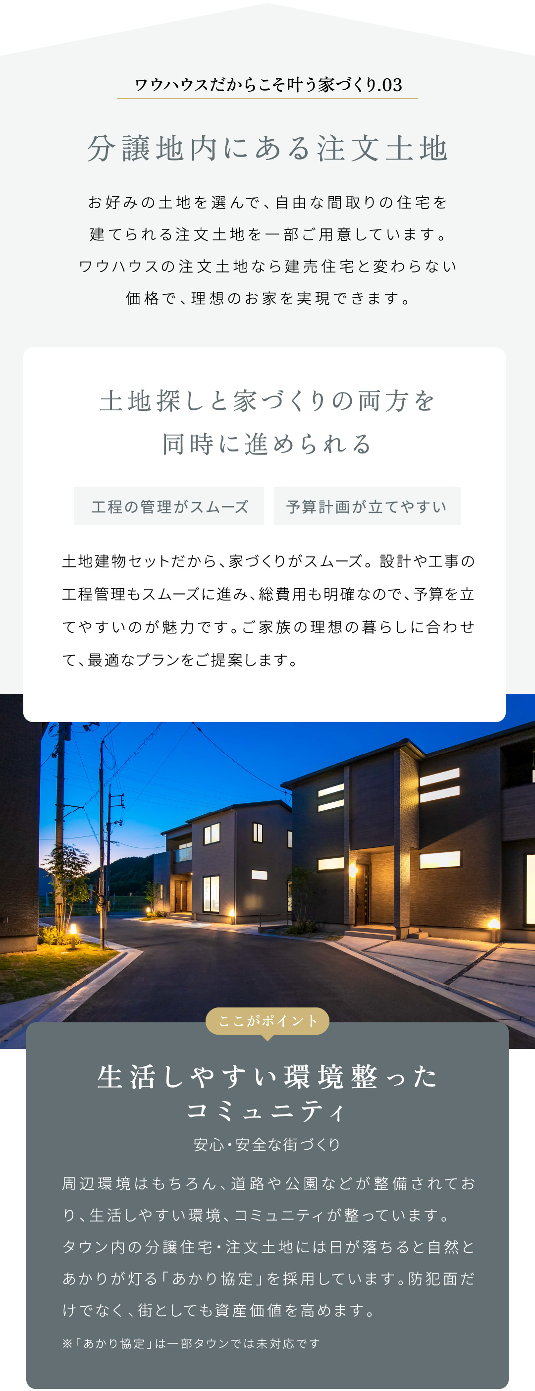 分譲地内にある注文土地お好みの土地を選んで、自由な間取りの住宅を建てられる注文土地を一部ご用意しています。ワウハウスの注文土地なら建売住宅と変わらない価格で、理想のお家を実現できます。