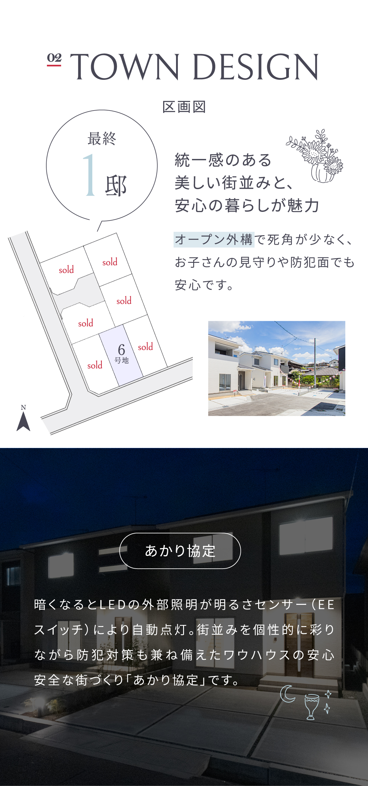 暗くなるとLEDの外部照明が明るさセンサー(EEスイッチ)により自動点灯。街並みを個性的に彩りながら防犯対策も兼ね備えたワウハウスの安心安全な街づくり「あかり協定」です。