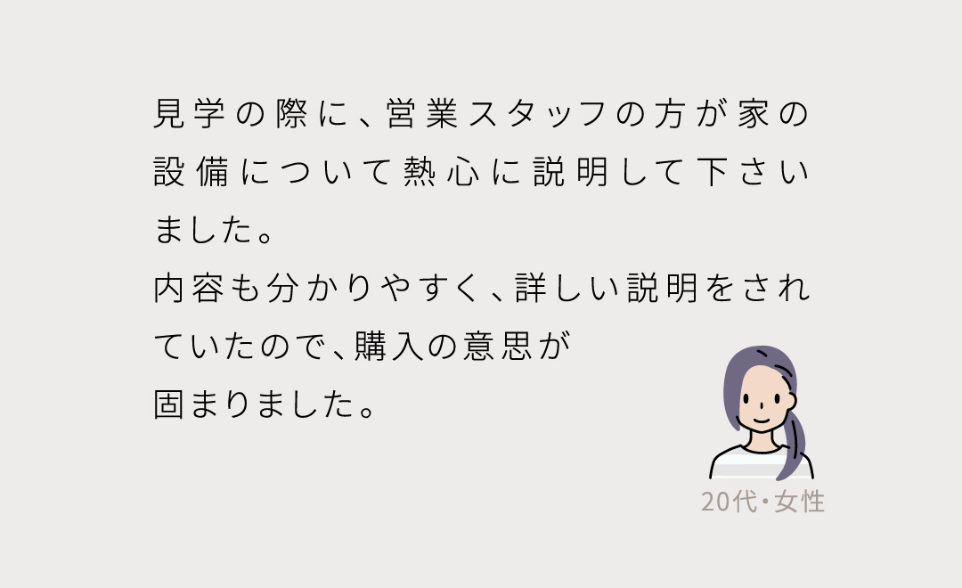 見学の際に、営業スタッフの方が家の設備について熱心に説明して下さいました。 内容も分かりやすく、詳しい説明をされていたので、購入の意思が 固まりました。