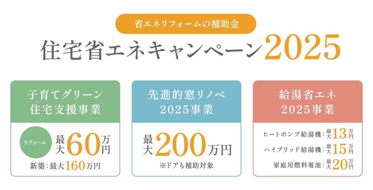 住宅省エネキャンペーン2025について【補助金制度①】子育てグリーン住宅支援事業【補助金制度②】先進的窓リノベ2025事業【補助金制度③】給湯省エネ2025事業